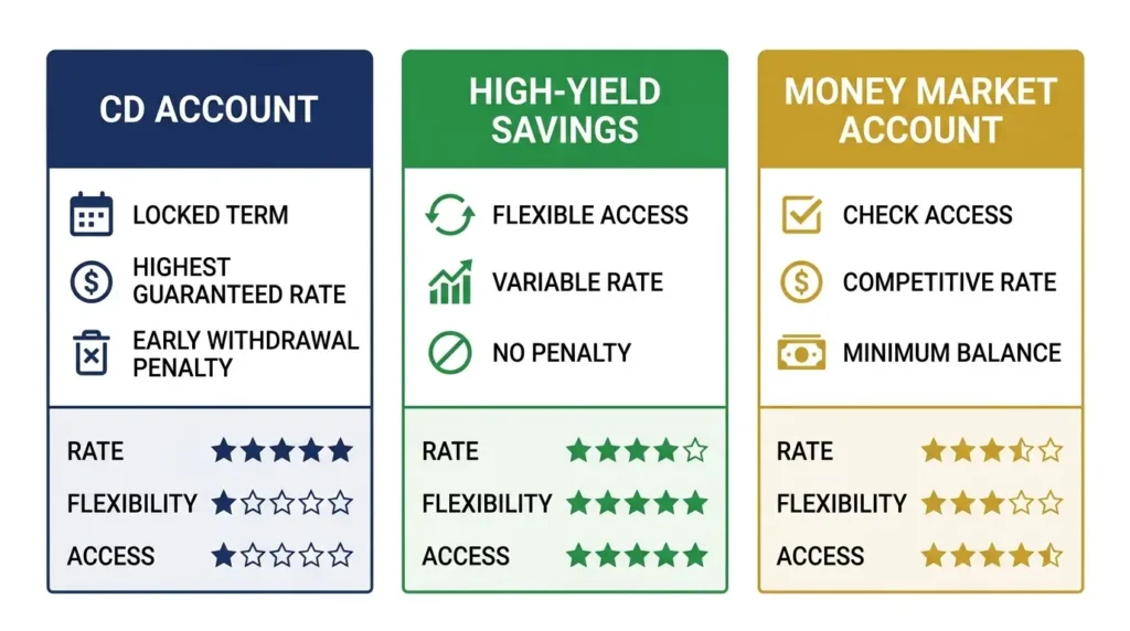 CD account vs high yield savings vs money market account comparison rate flexibility access 2026