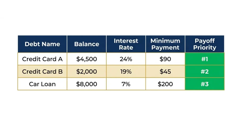 debt inventory list worksheet balance interest rate minimum payment payoff priority table how to get out of debt