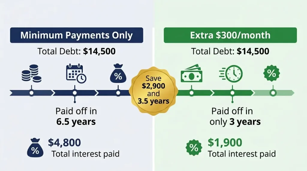 debt payoff timeline minimum payments vs extra $300 month save $2900 3.5 years faster comparison infographic