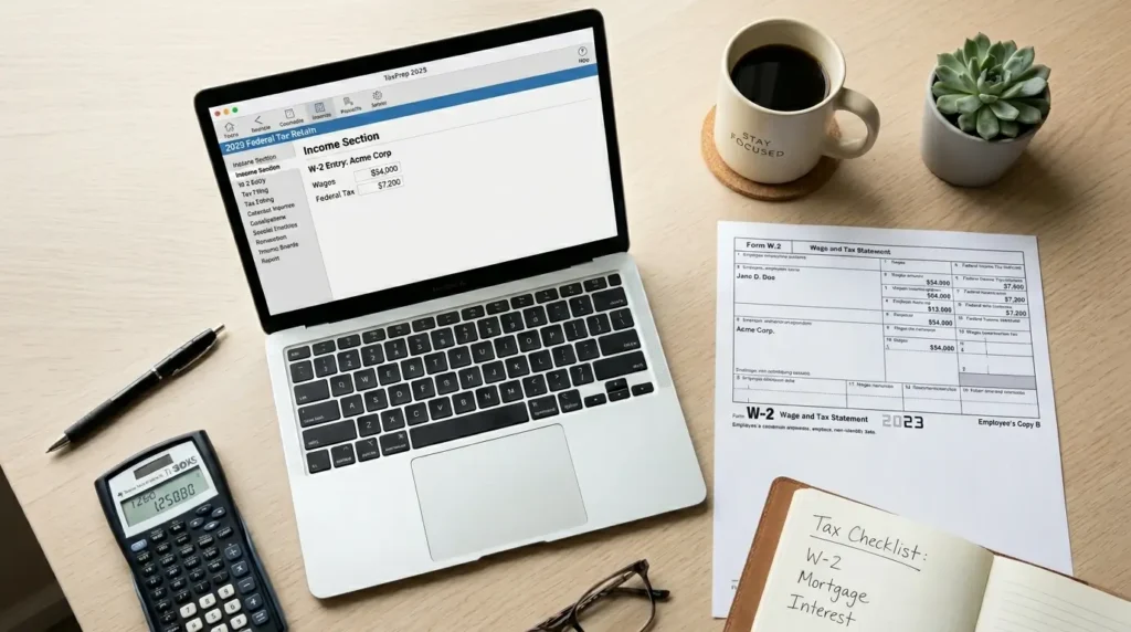 person filing taxes using W-2 form laptop tax software desk home office 2026
