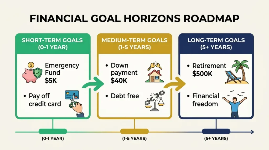 financial goals timeline short term medium term long term emergency fund retirement freedom infographic ยท