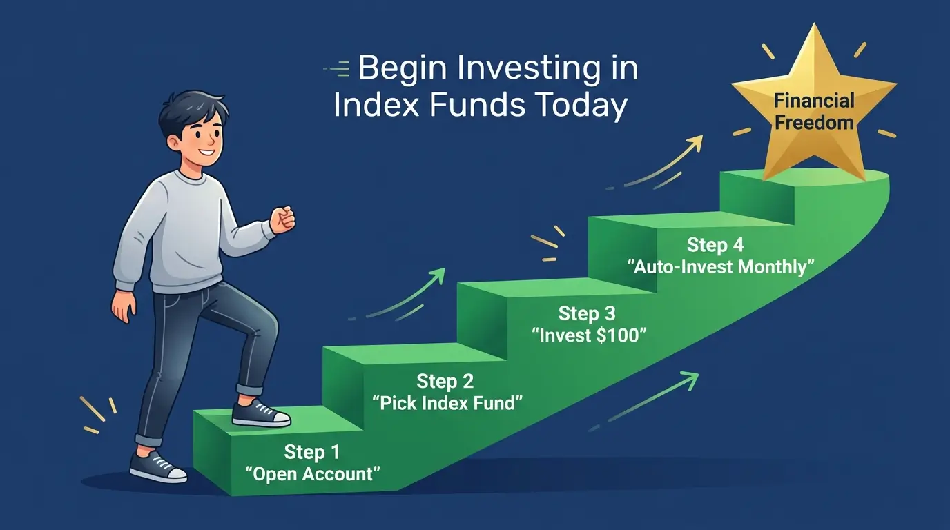 how to begin investing in index funds beginner staircase steps open account pick fund invest auto illustration 2026