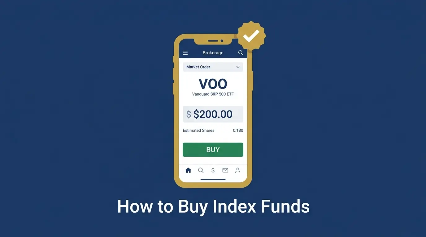 how to buy index funds smartphone brokerage app buy order VOO $200 green button illustration 2026