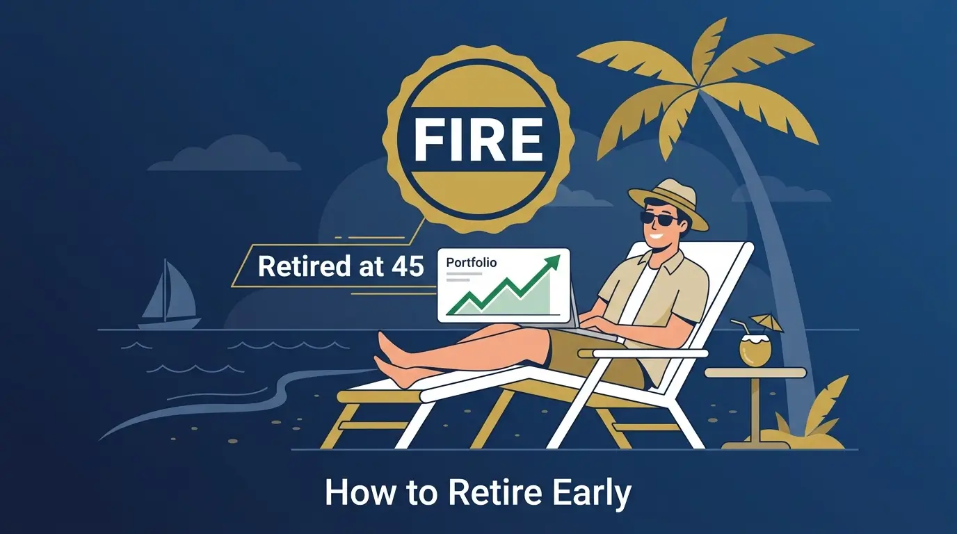 how to retire early FIRE person beach chair laptop portfolio chart retired at 45 financial independence illustration