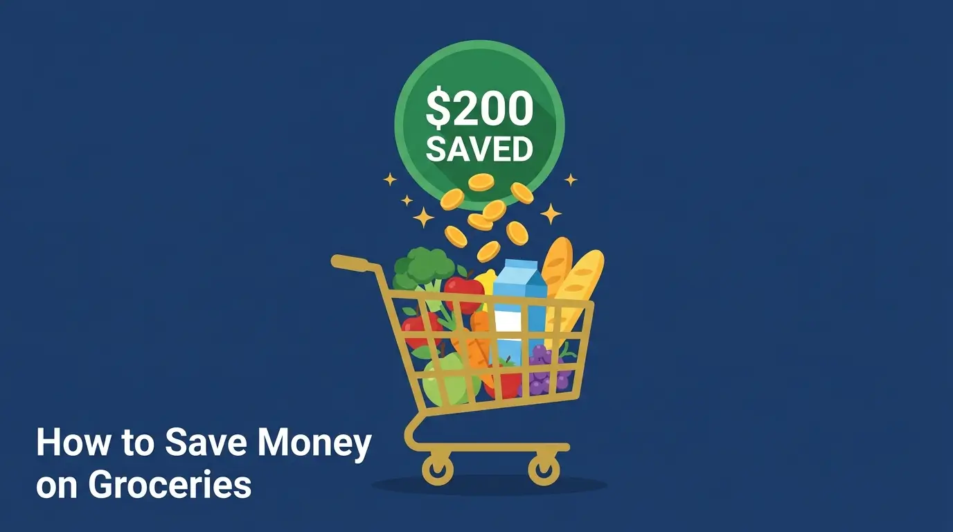 how to save money on groceries shopping cart $200 saved badge coins illustration 2026 ·