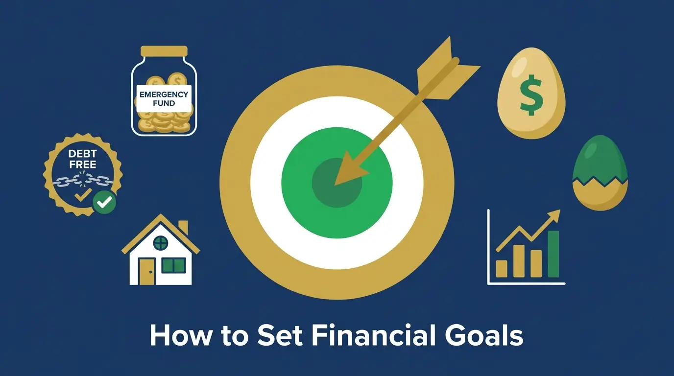 how to set financial goals target bullseye emergency fund debt free house retirement investment illustration