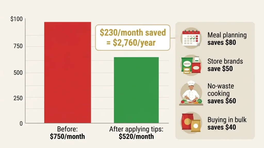 monthly grocery savings $230 per month $2760 per year before after applying tips chart 2026