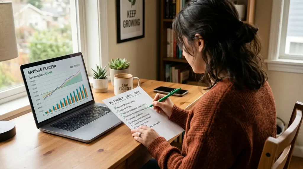 person reviewing financial goals progress checklist paper laptop savings tracker home office 2026