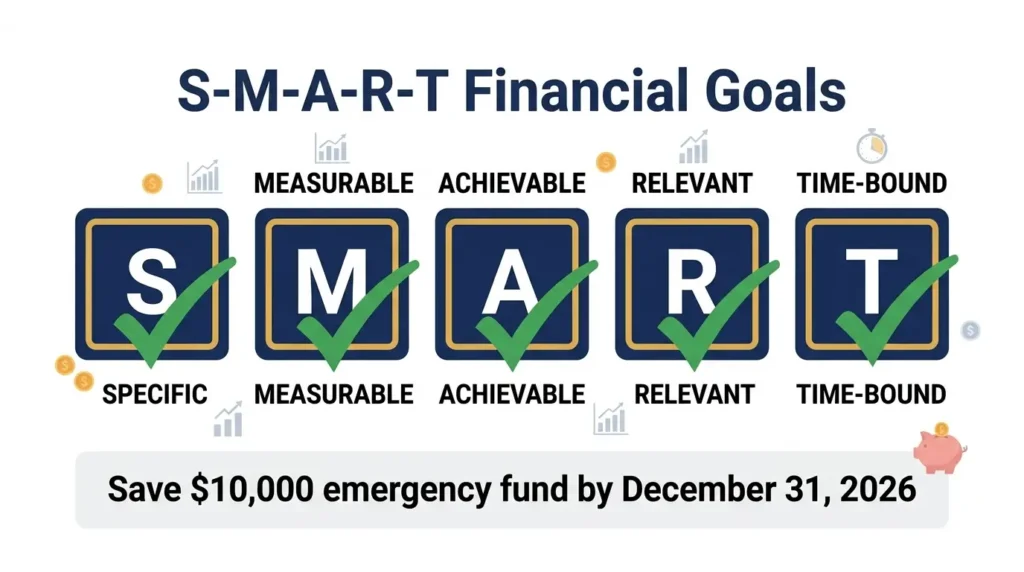 SMART financial goals framework specific measurable achievable relevant time-bound infographic 2026