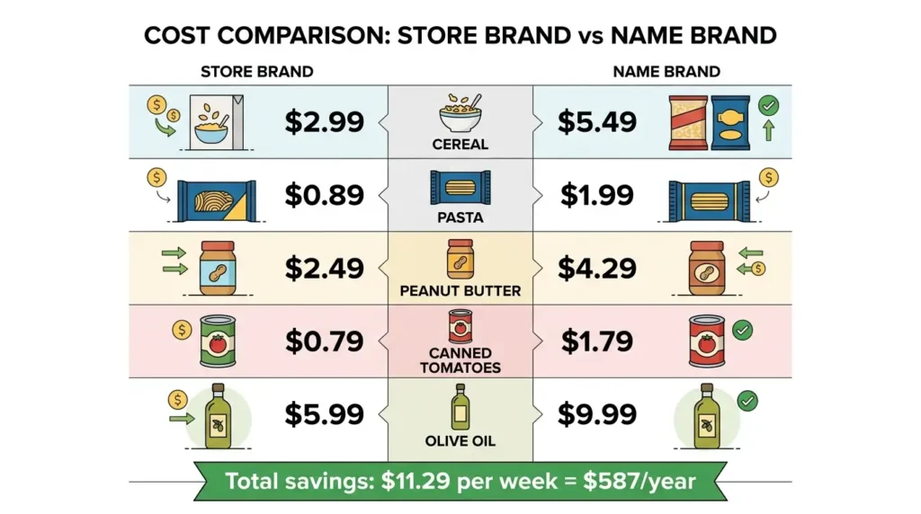 store brand vs name brand grocery savings cereal pasta peanut butter $587 per year comparison