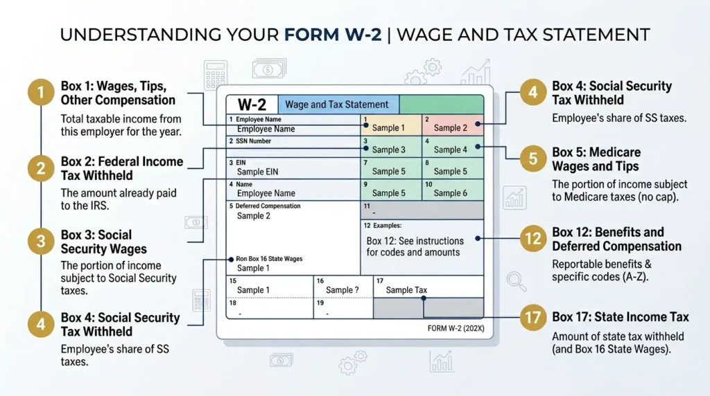 W-2 form boxes explained Box 1 wages Box 2 federal tax withheld Social Security Medicare annotated diagram