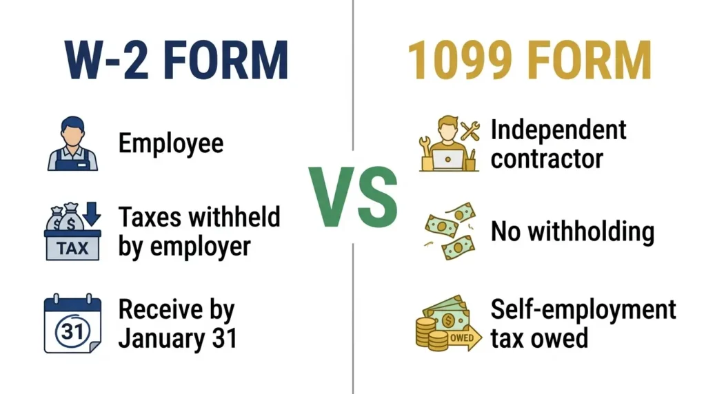 W-2 form vs 1099 form employee vs contractor taxes withheld self-employment comparison infographic