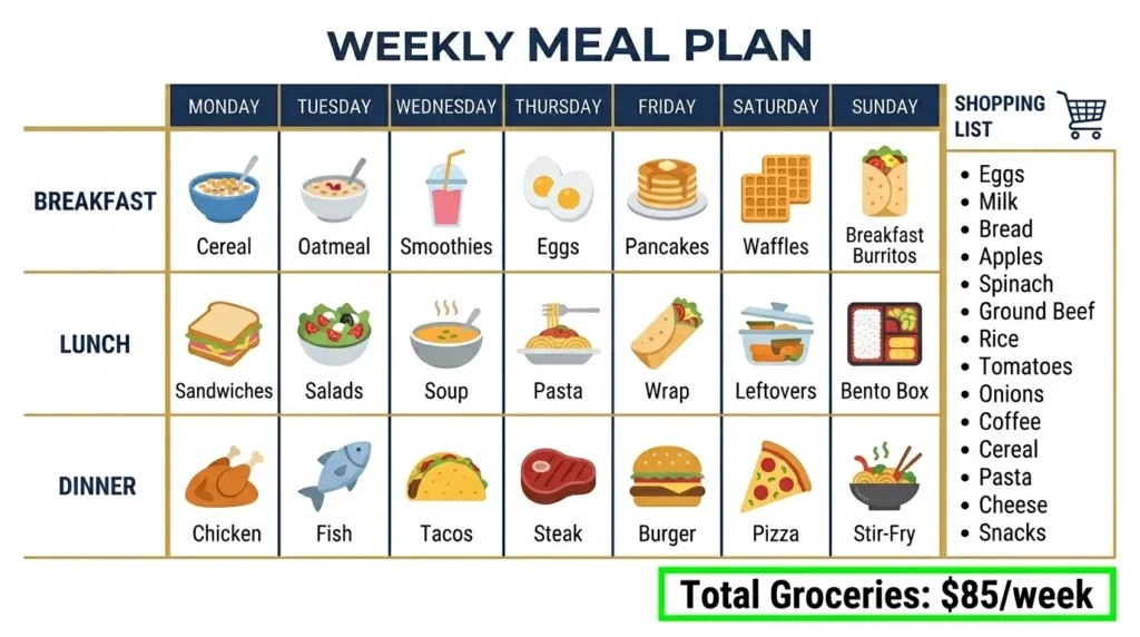 weekly meal planning template save money on groceries 7 days breakfast lunch dinner shopping list
