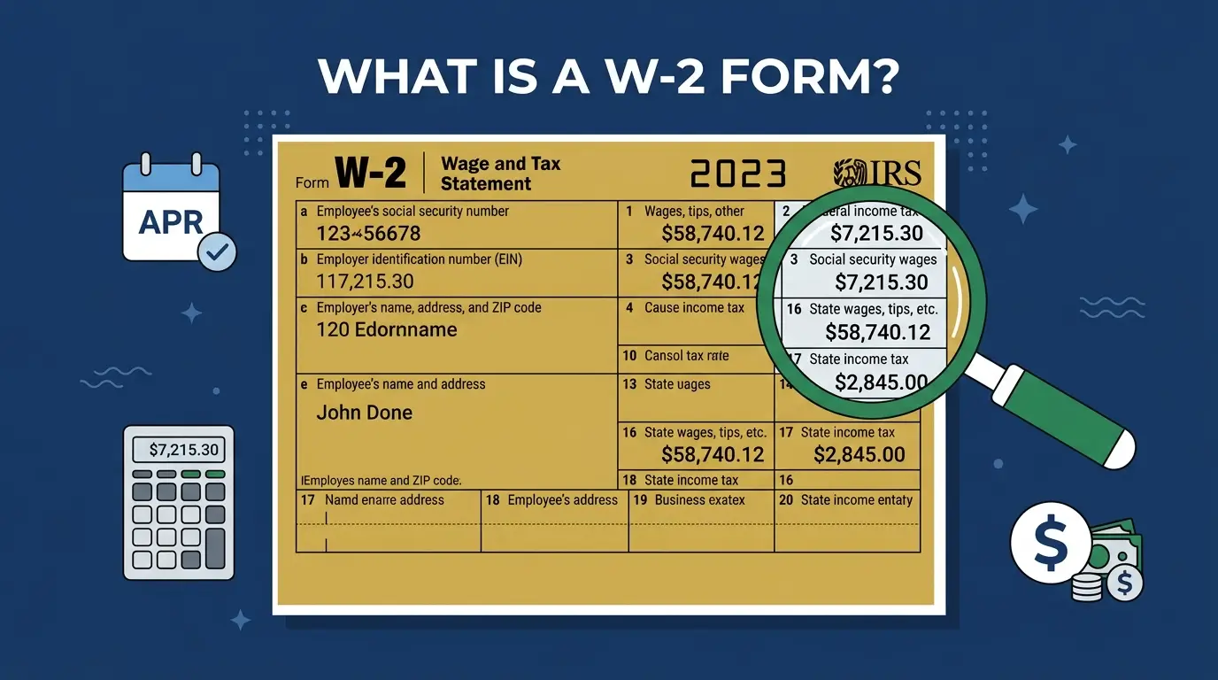 what is a W-2 form tax document magnifying glass dollar sign calendar illustration 2026 ·