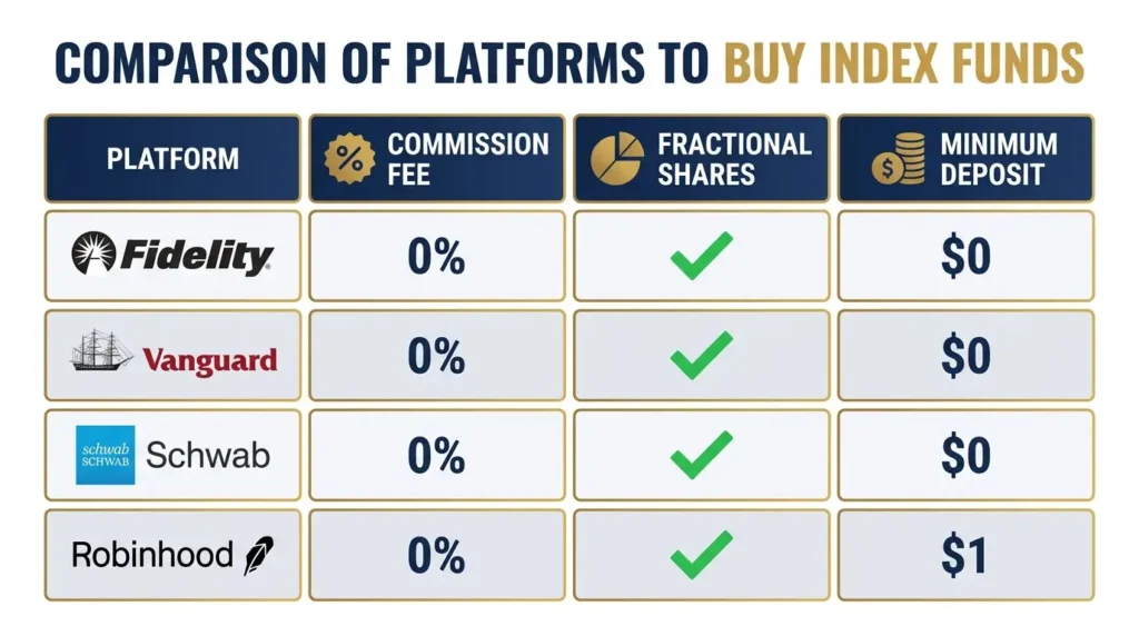 where to buy index funds platform comparison Fidelity Vanguard Schwab Robinhood commission fractional shares 2026